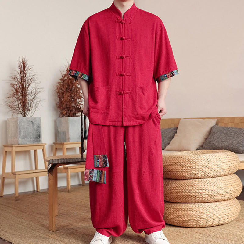 Conjunto de 2 piezas de camisa con botones de rana china y pantalones anchos de tela de meditación para hombre con bolsillos y Buddha Stones - image 24
