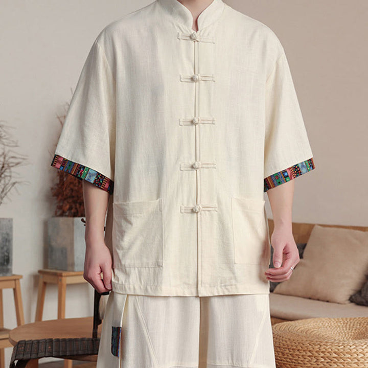 Conjunto de 2 piezas de camisa con botones de rana china y pantalones anchos de tela de meditación para hombre con bolsillos y Buddha Stones - image 7