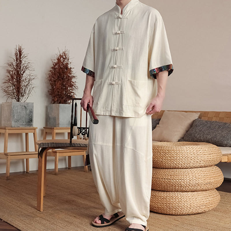 Conjunto de 2 piezas de camisa con botones de rana china y pantalones anchos de tela de meditación para hombre con bolsillos y Buddha Stones - image 1