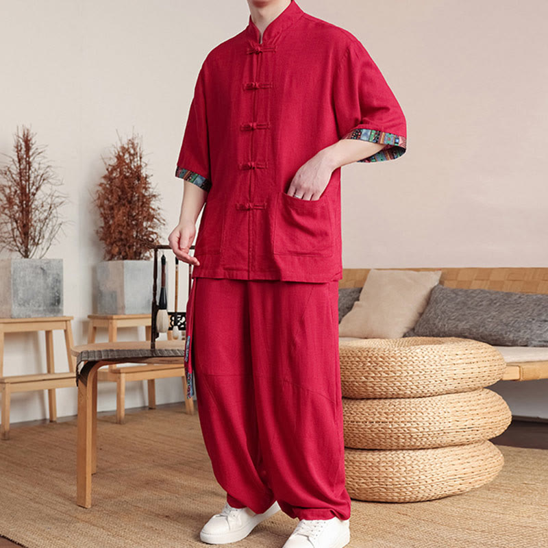 Conjunto de 2 piezas de camisa con botones de rana china y pantalones anchos de tela de meditación para hombre con bolsillos y Buddha Stones - image 20