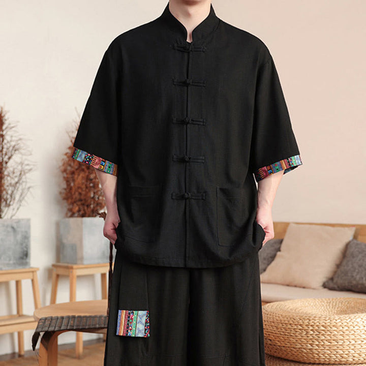 Conjunto de 2 piezas de camisa con botones de rana china y pantalones anchos de tela de meditación para hombre con bolsillos y Buddha Stones - image 17
