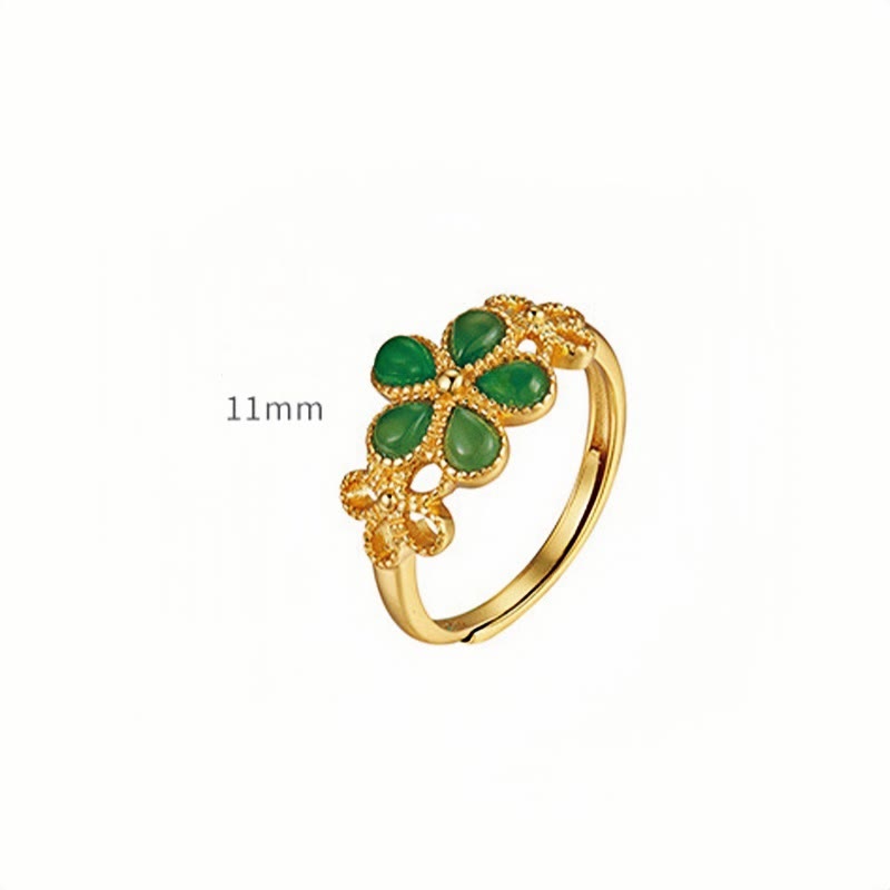 Anillo de prosperidad ajustable con flor de oro bañado en plata de ley 925 y jade hetiano natural de Buddha Stones