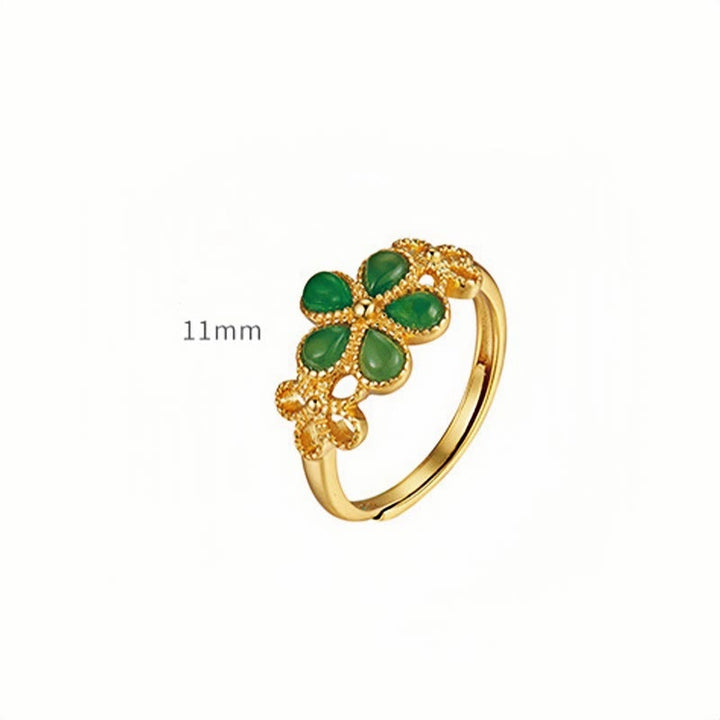 Anillo de prosperidad ajustable con flor de oro bañado en plata de ley 925 y jade hetiano natural de Buddha Stones