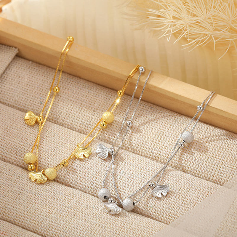 Tobillera con protección de doble capa y hojas de ginkgo en plata de ley 925 con Buddha Stones