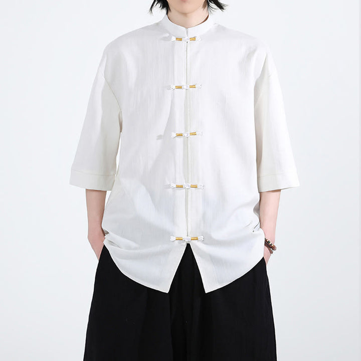 Camisa de lino para hombre de media manga con botones de rana y color puro Buddha Stones - Blanco - US/UK/AU46, EU56 (5XL) - image 0
