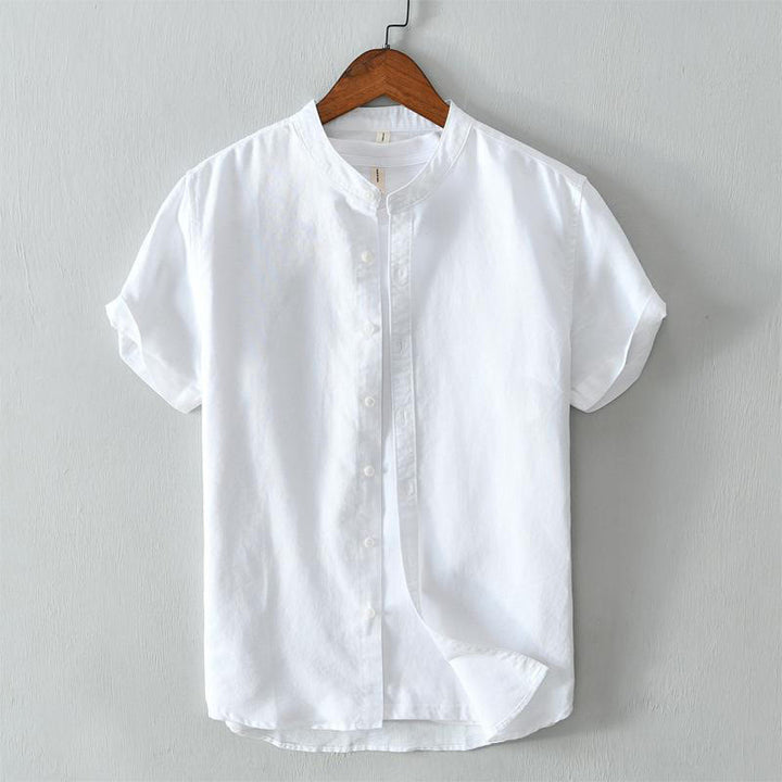 Camisa de lino y algodón con botones de manga corta y estilo sencillo con Buddha Stones para hombre
