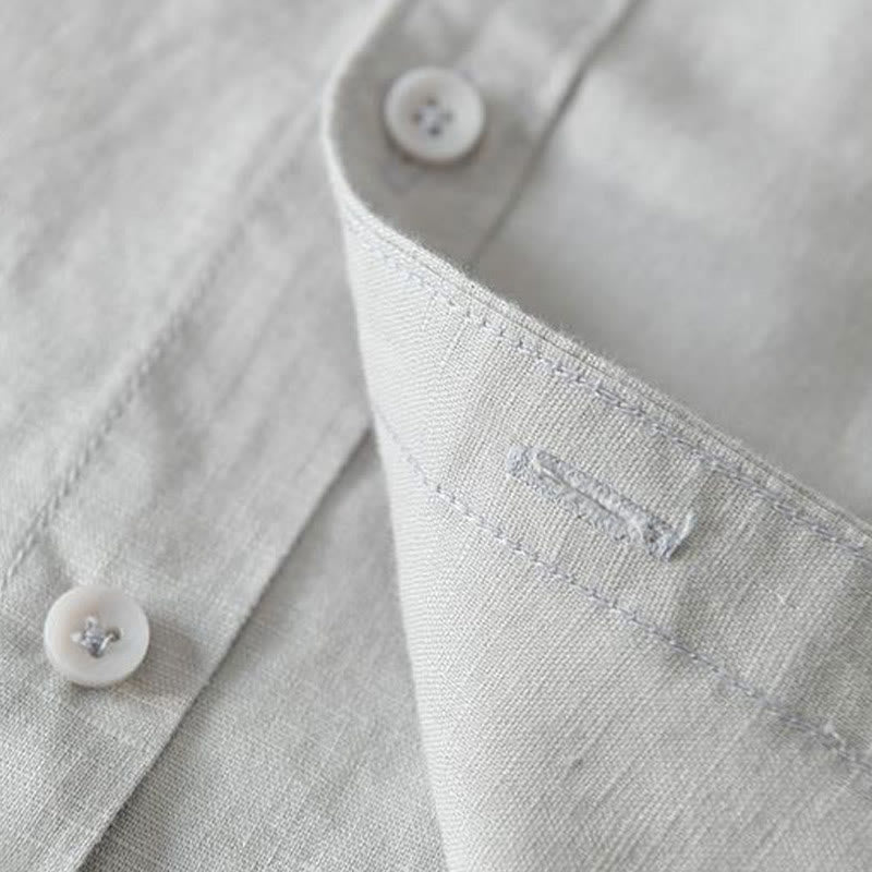 Camisa de lino y algodón con botones de manga corta y estilo sencillo con Buddha Stones para hombre