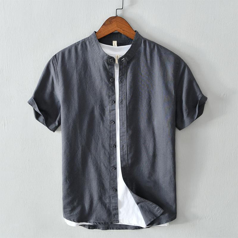 Camisa de lino y algodón con botones de manga corta y estilo sencillo con Buddha Stones para hombre