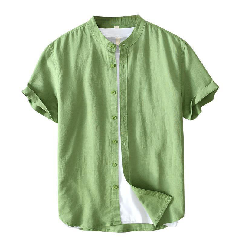 Camisa de lino y algodón con botones de manga corta y estilo sencillo con Buddha Stones para hombre
