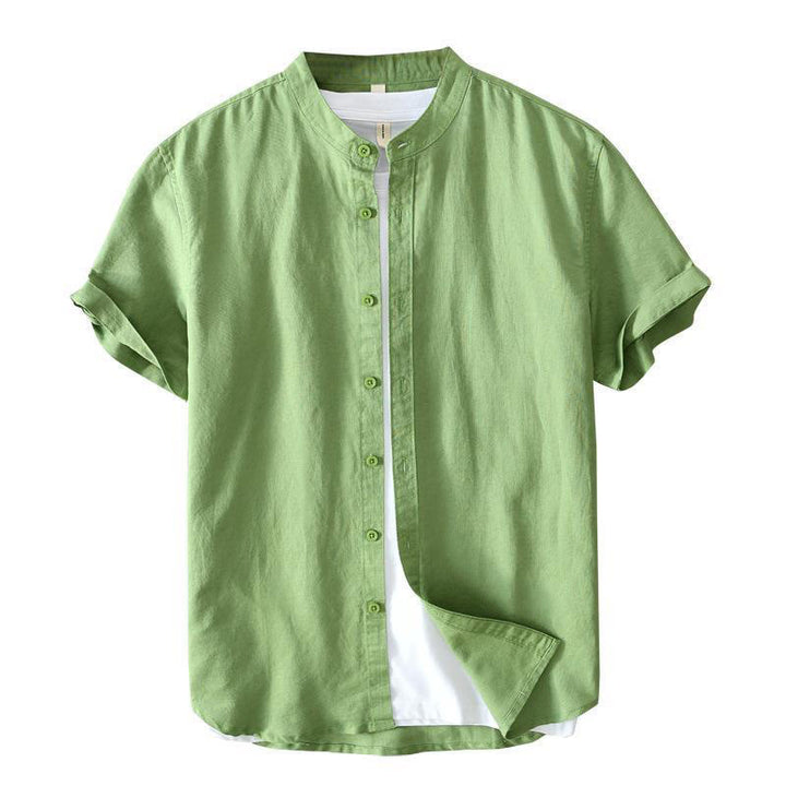 Camisa de lino y algodón con botones de manga corta y estilo sencillo con Buddha Stones para hombre