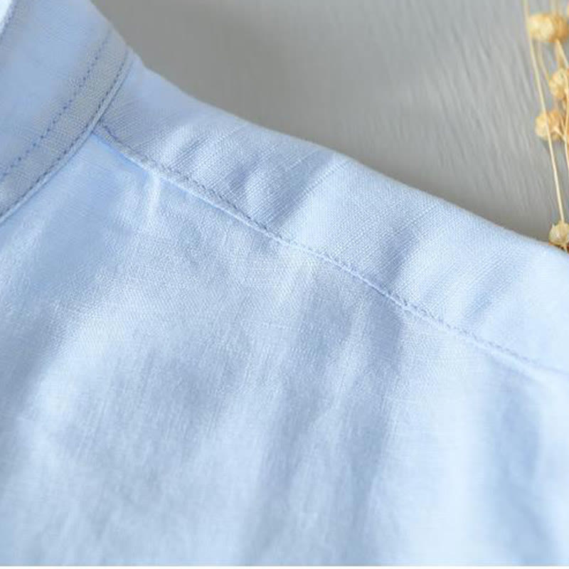 Camisa de lino y algodón con botones de manga corta y estilo sencillo con Buddha Stones para hombre