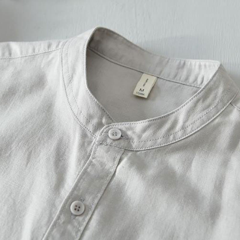 Camisa de lino y algodón con botones de manga corta y estilo sencillo con Buddha Stones para hombre