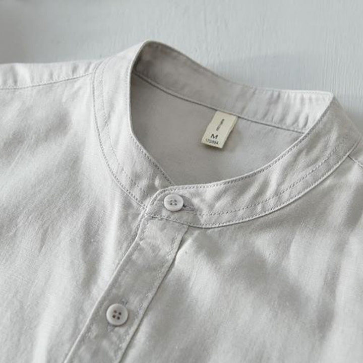 Camisa de lino y algodón con botones de manga corta y estilo sencillo con Buddha Stones para hombre