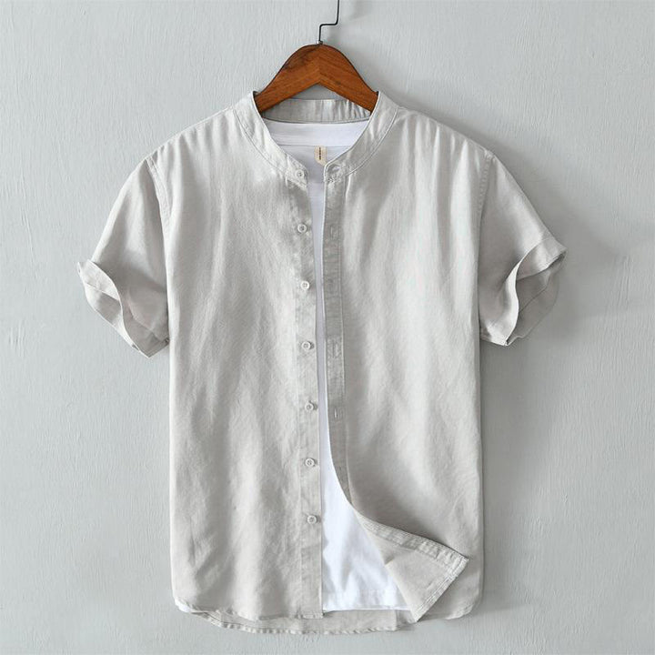 Camisa de lino y algodón con botones de manga corta y estilo sencillo con Buddha Stones para hombre