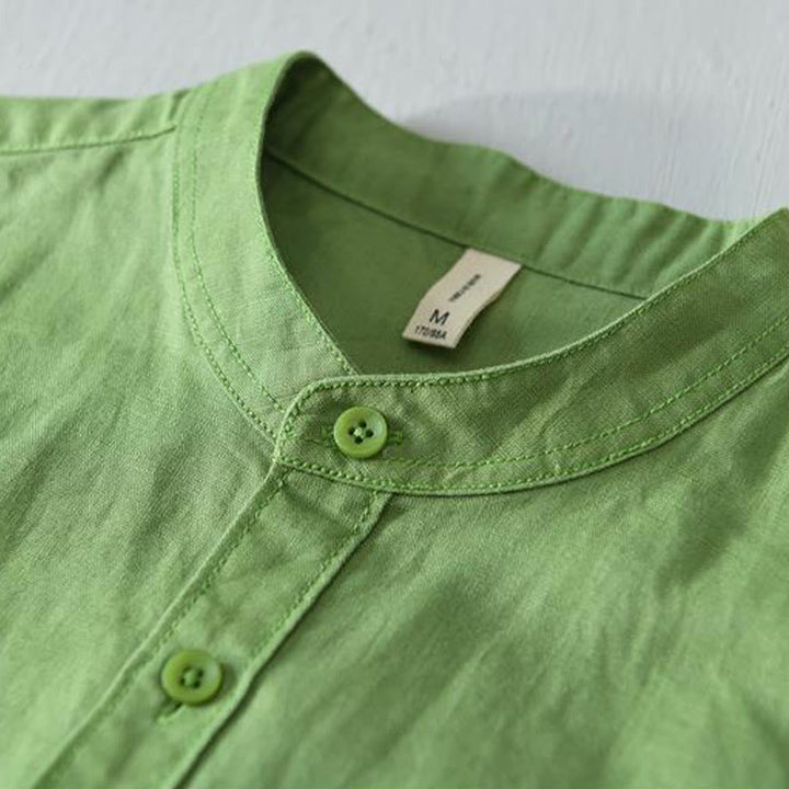 Camisa de lino y algodón con botones de manga corta y estilo sencillo con Buddha Stones para hombre