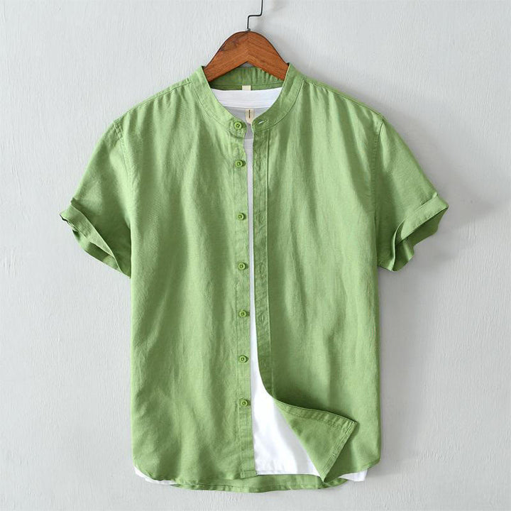 Camisa de lino y algodón con botones de manga corta y estilo sencillo con Buddha Stones para hombre