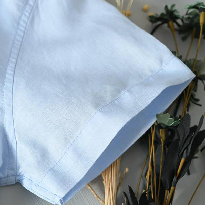 Camisa de lino y algodón con botones de manga corta y estilo sencillo con Buddha Stones para hombre