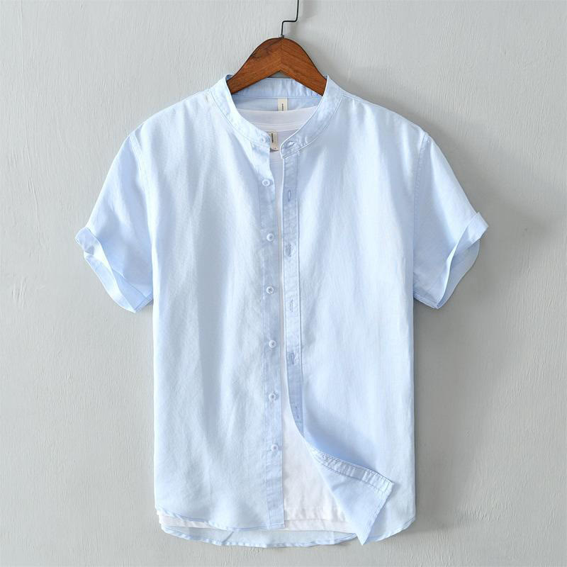 Camisa de lino y algodón con botones de manga corta y estilo sencillo con Buddha Stones para hombre - Azul cielo claro - US/UK/AU44, EU54 (4XL) - image 10