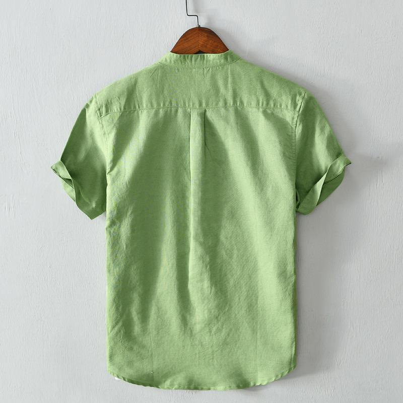 Camisa de lino y algodón con botones de manga corta y estilo sencillo con Buddha Stones para hombre