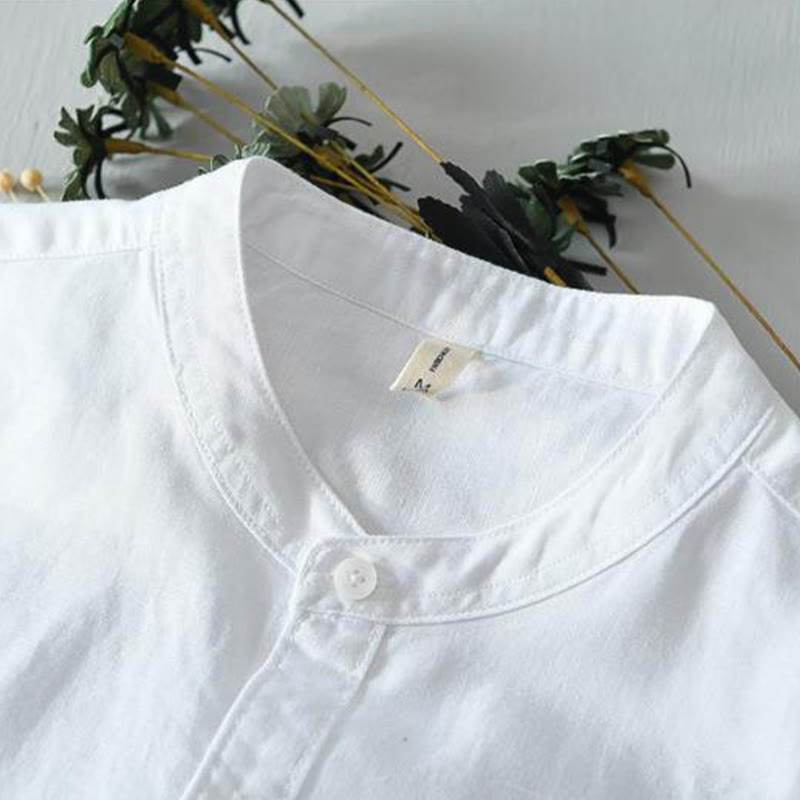 Camisa de lino y algodón con botones de manga corta y estilo sencillo con Buddha Stones para hombre