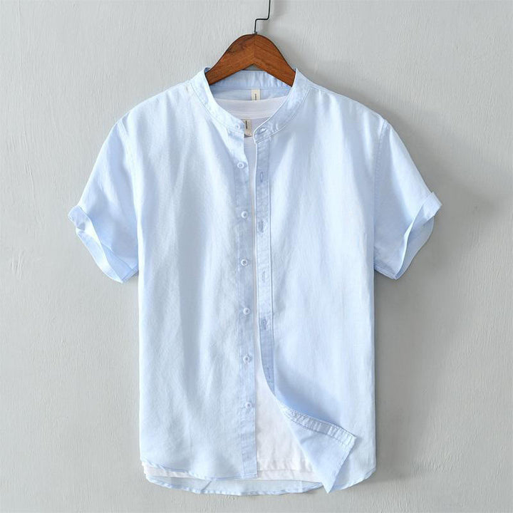 Camisa de lino y algodón con botones de manga corta y estilo sencillo con Buddha Stones para hombre