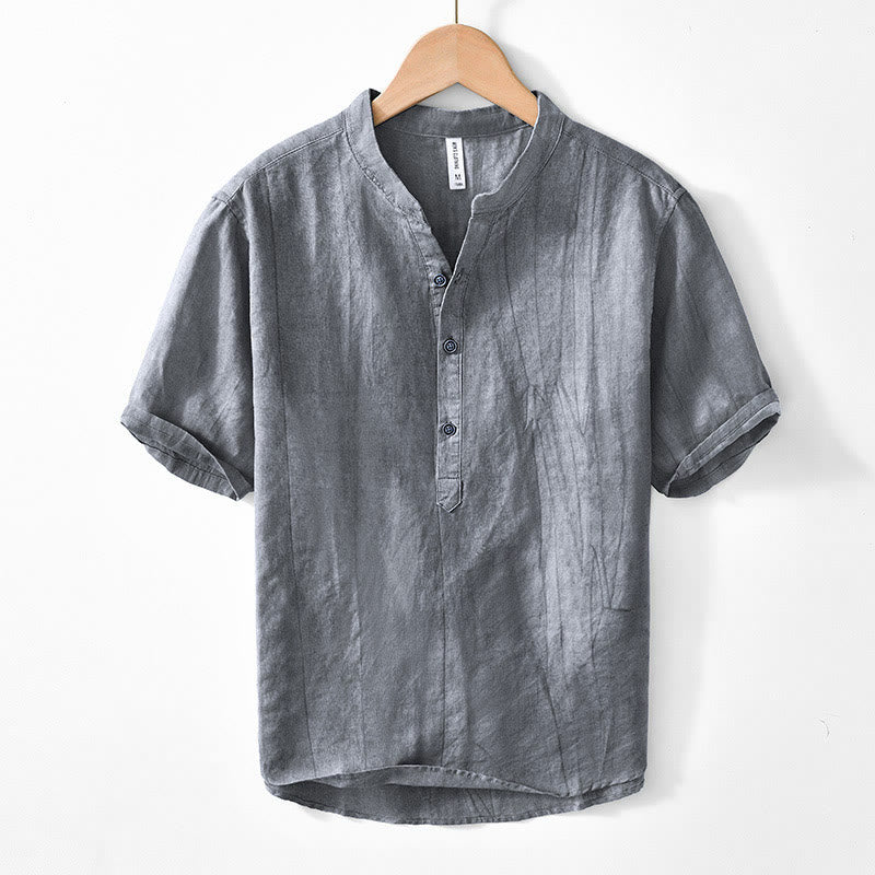 Camisa de algodón ramio con cuello en V y manga corta con botones y Buddha Stones para hombre - Gris oscuro - US/UK/AU44, EU54 (4XL) - image 0