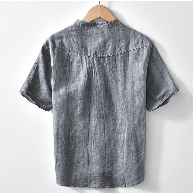 Camisa de algodón ramio con cuello en V y manga corta con botones y Buddha Stones para hombre - image 1