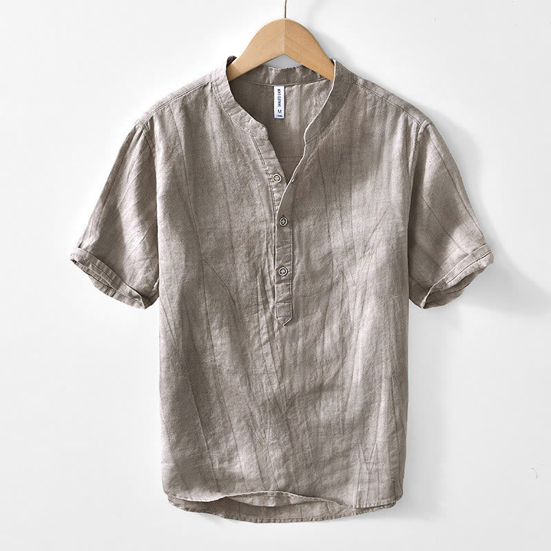 Camisa de algodón ramio con cuello en V y manga corta con botones y Buddha Stones para hombre - Caqui oscuro - US/UK/AU44, EU54 (4XL) - image 7