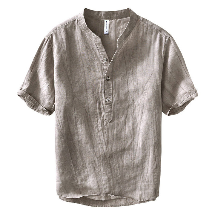 Camisa de algodón ramio con cuello en V y manga corta con botones y Buddha Stones para hombre - image 12