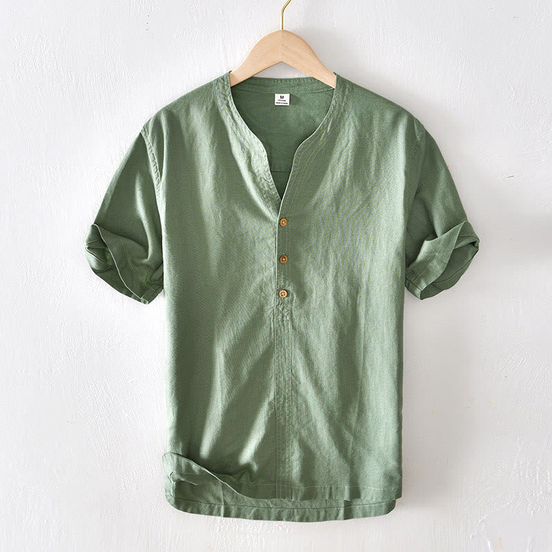 Camisa de verano para hombre de algodón y lino con cuello alto y manga corta, con medio botón, de Buddha Stones - Verdemar - US/UK/AU42, EU52 (3XL) - image 0
