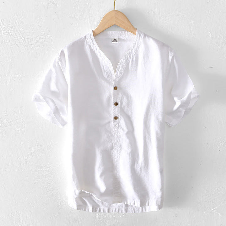 Camisa de verano para hombre de algodón y lino con cuello alto y manga corta, con medio botón, de Buddha Stones - Blanco - US/UK/AU42, EU52 (3XL) - image 6