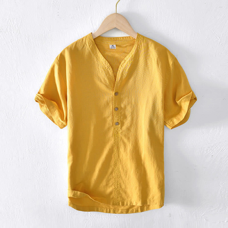 Camisa de verano para hombre de algodón y lino con cuello alto y manga corta, con medio botón, de Buddha Stones - Oro - US/UK/AU42, EU52 (3XL) - image 13