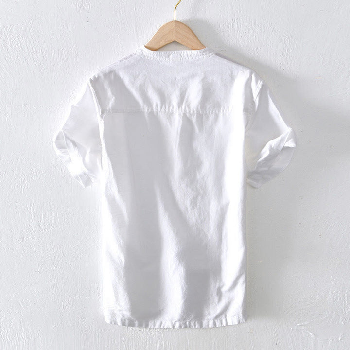 Camisa de verano para hombre de algodón y lino con cuello alto y manga corta, con medio botón, de Buddha Stones - image 7