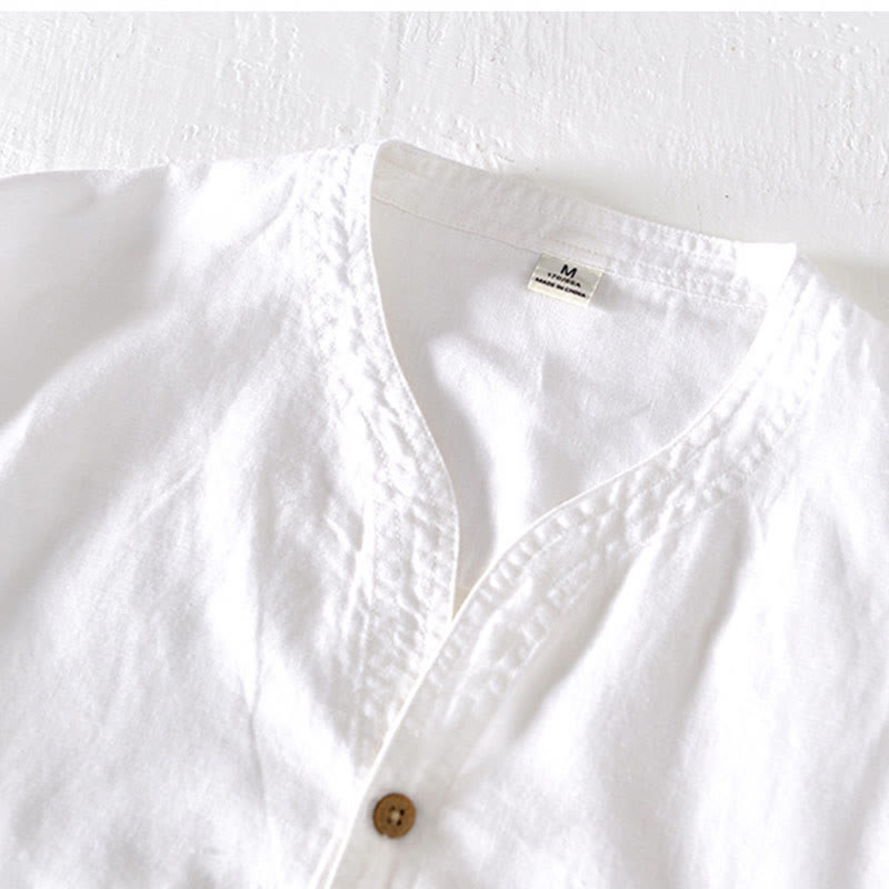 Camisa de verano para hombre de algodón y lino con cuello alto y manga corta, con medio botón, de Buddha Stones - image 8