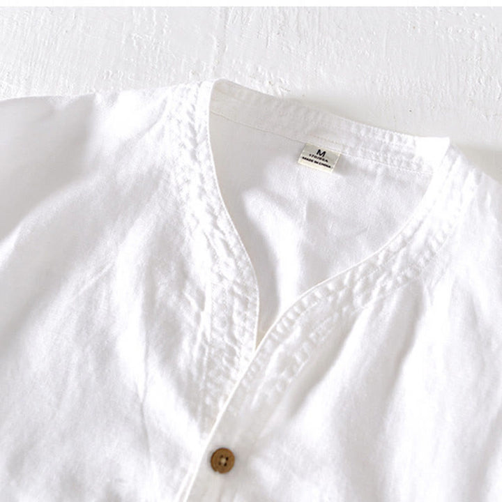 Camisa de verano para hombre de algodón y lino con cuello alto y manga corta, con medio botón, de Buddha Stones - image 8