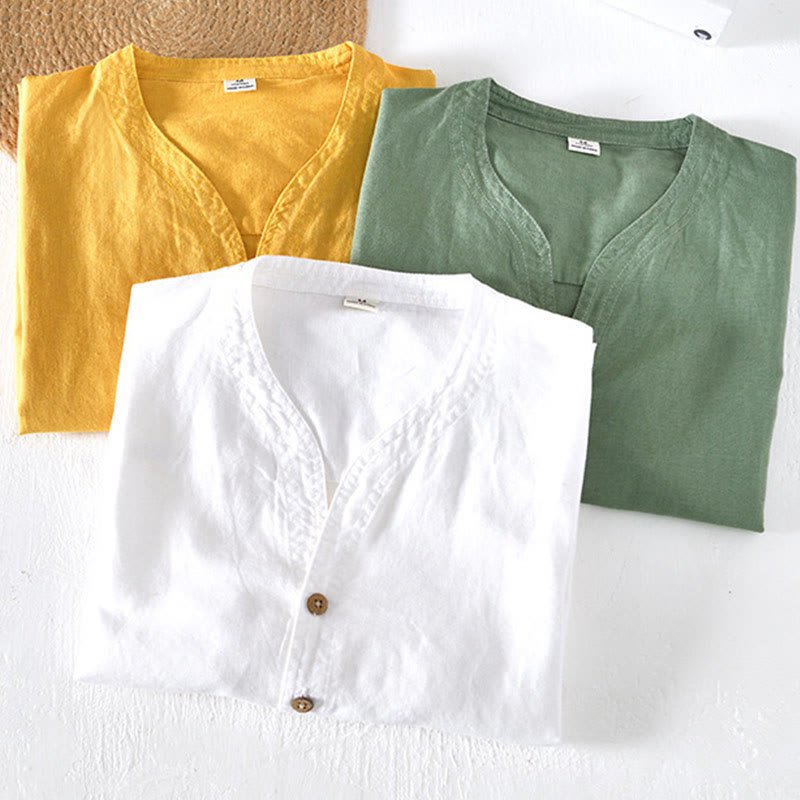 Camisa de verano para hombre de algodón y lino con cuello alto y manga corta, con medio botón, de Buddha Stones - image 19