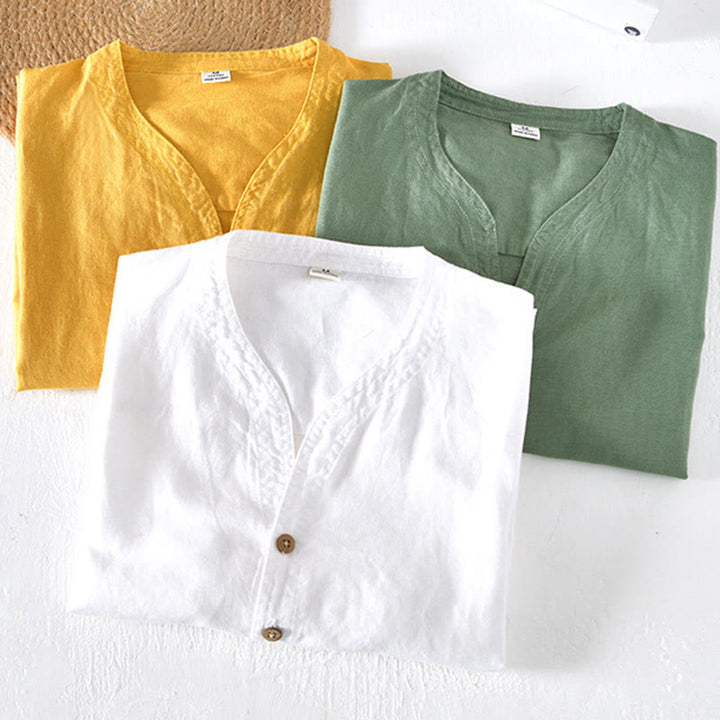 Camisa de verano para hombre de algodón y lino con cuello alto y manga corta, con medio botón, de Buddha Stones - image 19