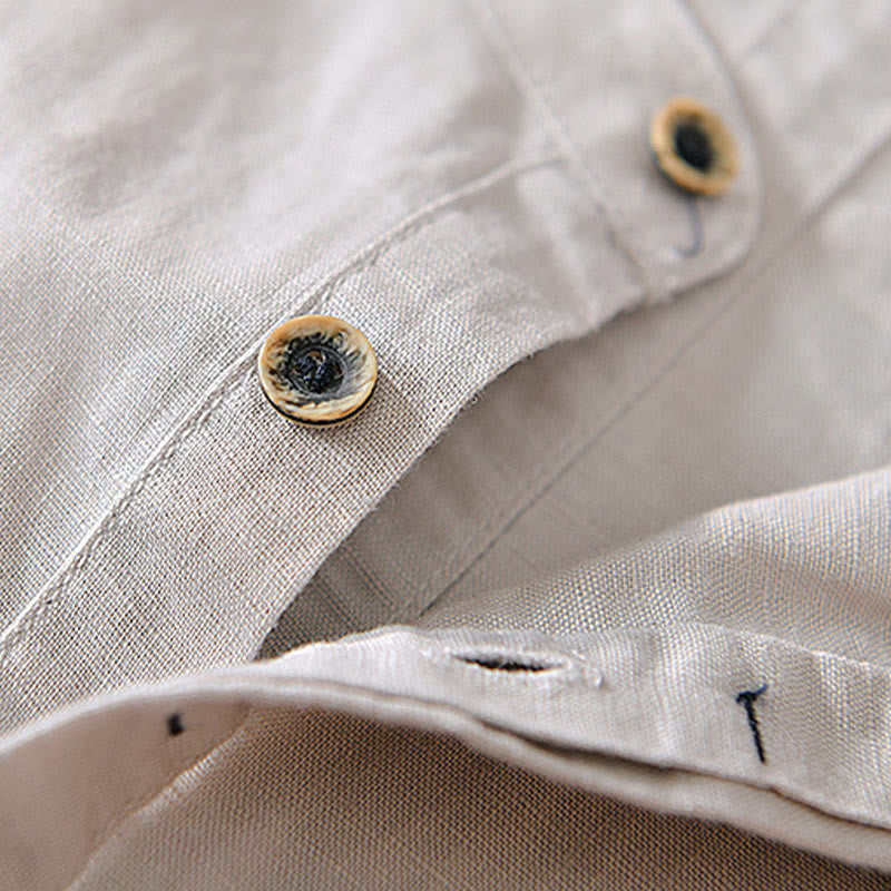 Camisa casual de lino y algodón de manga corta con diseño sencillo y medio botón para hombre con Buddha Stones