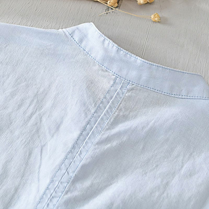 Camisa casual de lino y algodón de manga corta con diseño sencillo y medio botón para hombre con Buddha Stones