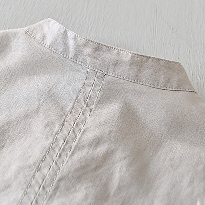 Camisa casual de lino y algodón de manga corta con diseño sencillo y medio botón para hombre con Buddha Stones