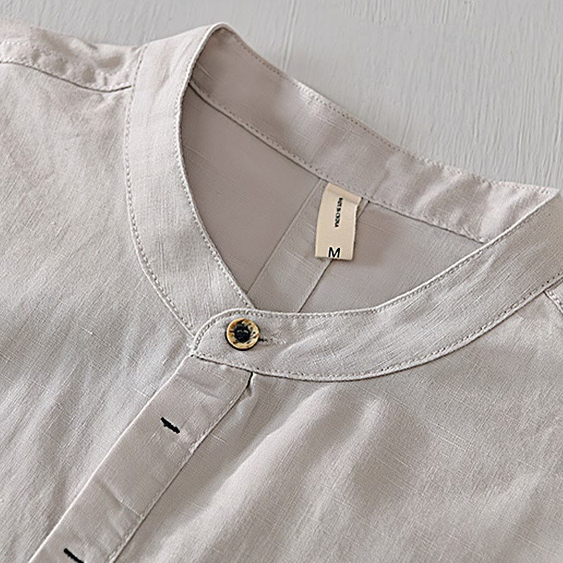 Camisa casual de lino y algodón de manga corta con diseño sencillo y medio botón para hombre con Buddha Stones