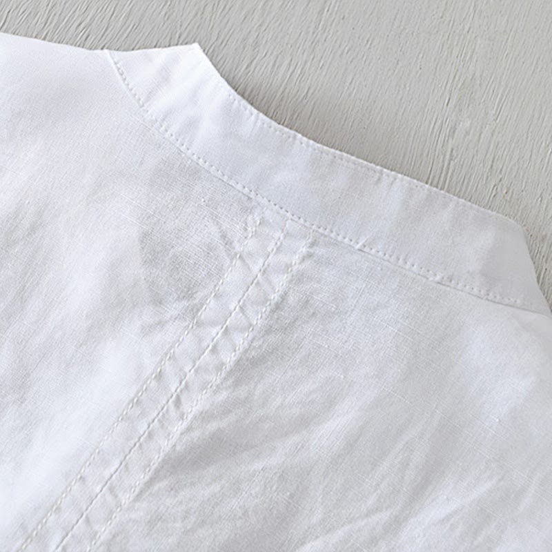 Camisa casual de lino y algodón de manga corta con diseño sencillo y medio botón para hombre con Buddha Stones