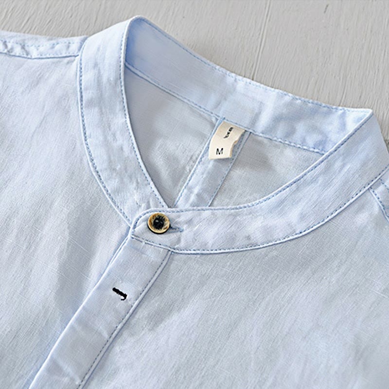Camisa casual de lino y algodón de manga corta con diseño sencillo y medio botón para hombre con Buddha Stones