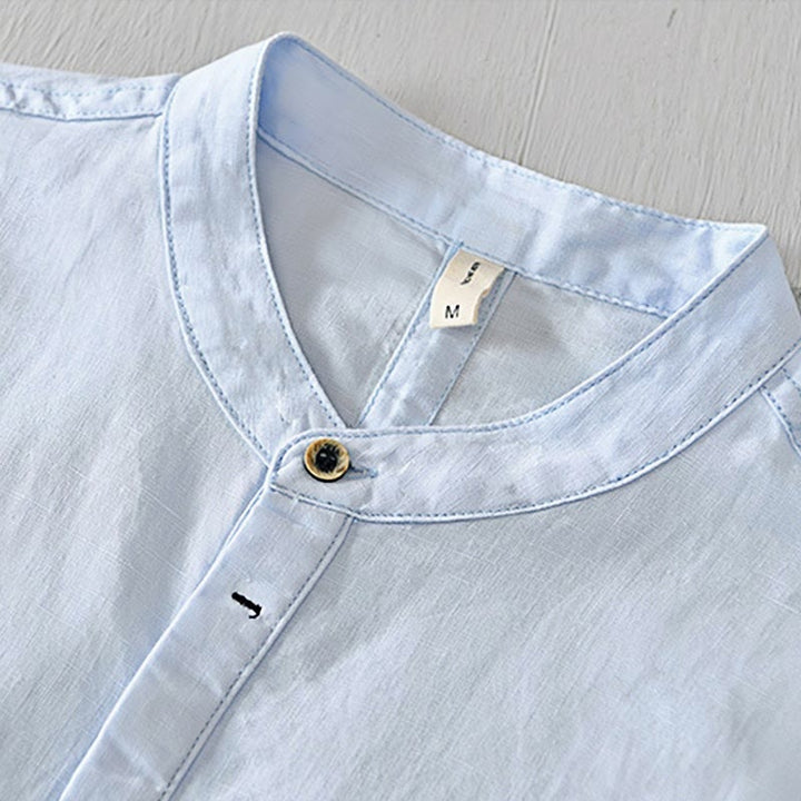Camisa casual de lino y algodón de manga corta con diseño sencillo y medio botón para hombre con Buddha Stones