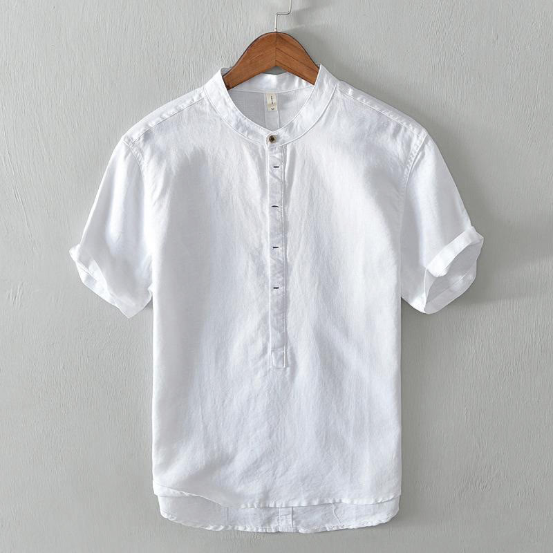 Camisa casual de lino y algodón de manga corta con diseño sencillo y medio botón para hombre con Buddha Stones