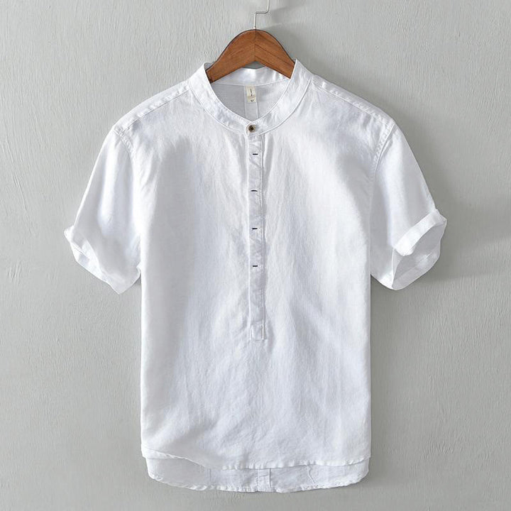 Camisa casual de lino y algodón de manga corta con diseño sencillo y medio botón para hombre con Buddha Stones