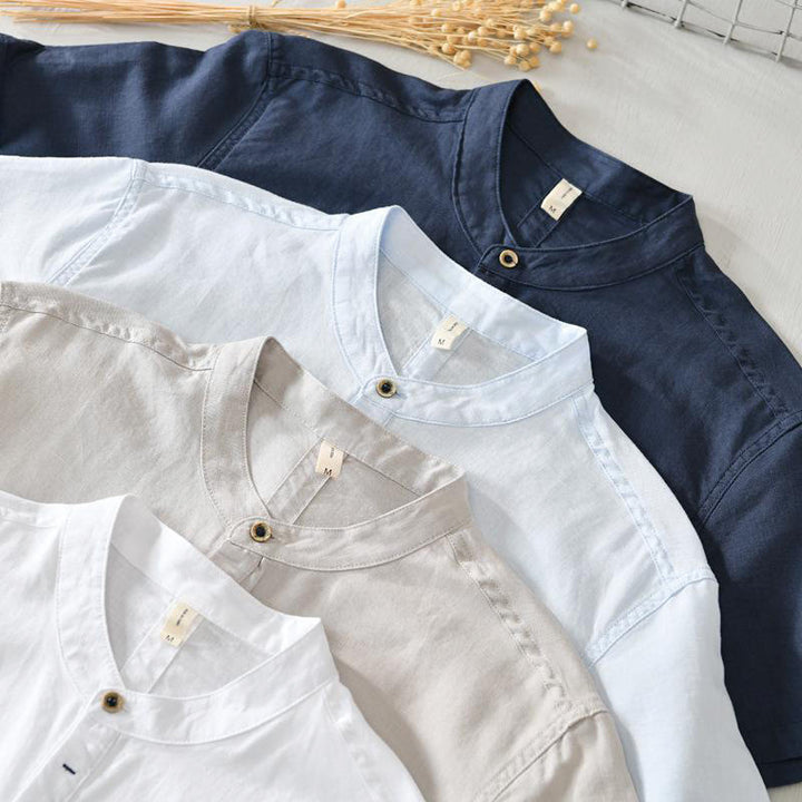 Camisa casual de lino y algodón de manga corta con diseño sencillo y medio botón para hombre con Buddha Stones