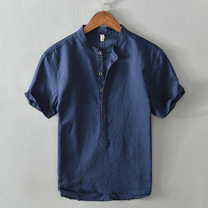 Camisa casual de lino y algodón de manga corta con diseño sencillo y medio botón para hombre con Buddha Stones