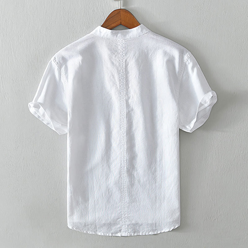 Camisa casual de lino y algodón de manga corta con diseño sencillo y medio botón para hombre con Buddha Stones