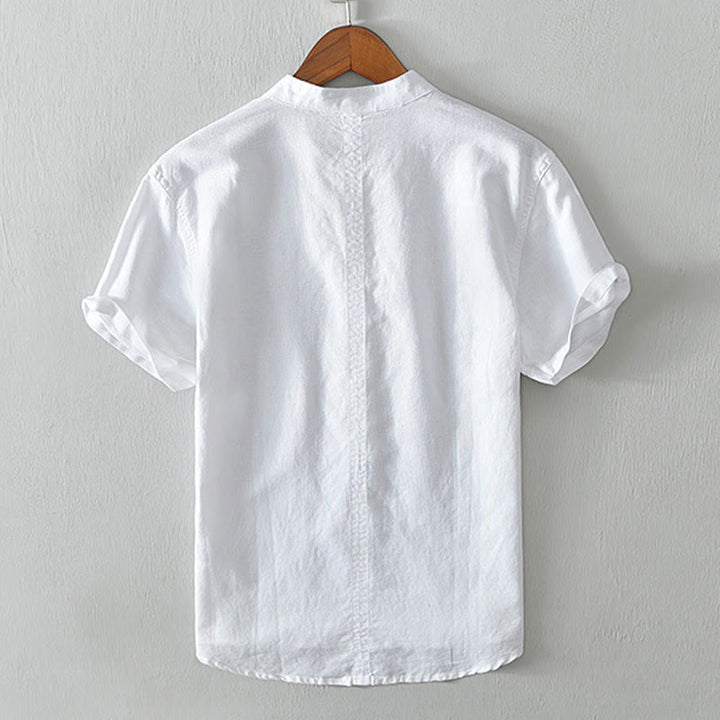 Camisa casual de lino y algodón de manga corta con diseño sencillo y medio botón para hombre con Buddha Stones